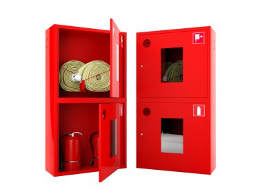 Kırmızı yangın hortumu ve yangın söndürme dolapları