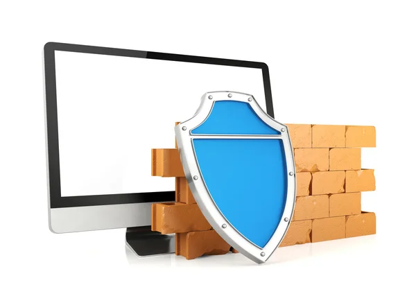 Firewall con monitor de ordenador, concepto de seguridad informática — Foto de Stock