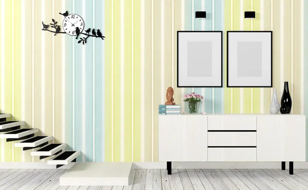 Modern oturma odası iç merdiven, poster ve yan tablosunun sahte ile