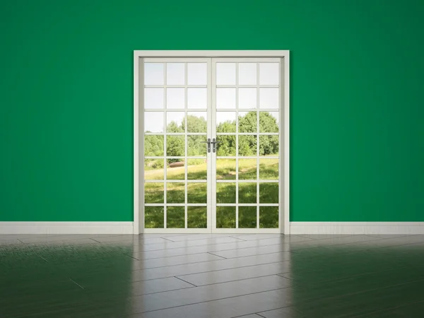 Porta do quarto branco no fundo da parede verde — Fotografia de Stock