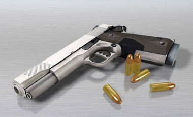 Tabanca ve mermileri Metalik arka plan üzerinde