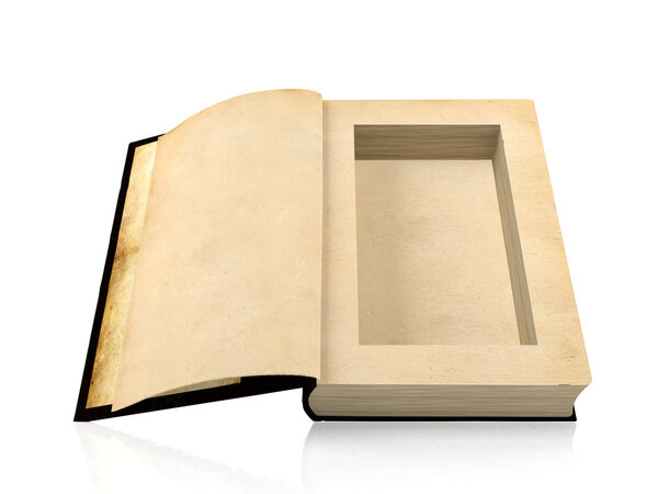 Opened ancient paper book with a hole in a middle for hiding something inside