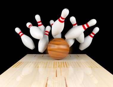 Grev Bovling, dağınık skittle ve bowling topu hareket ile bowling Lane'de bulanıklık bowling topu, 3d render