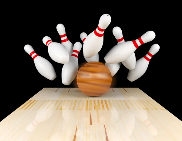 Bowling stávku, rozptýlené kuželky a bowling míč na bowlingové dráhy s pohybem rozostření na bowlingové koule, 3d vykreslování — Stock fotografie