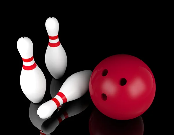 Bowlingové koule a kuželky kolíky na černém pozadí. Individuální sportovní koncept, vykreslování 3d objektů — Stock fotografie