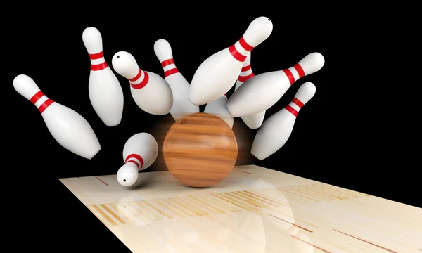 Bowling strike, oskärpa spridda kägla och bowlingklot på bowling lane med rörelse på bowlingklot, 3d-rendering — Stockfoto