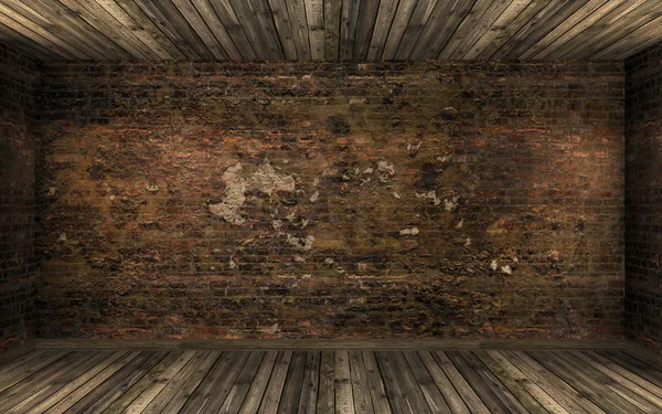 Boş karanlık odası iç eski kırık tuğla duvar ve eski ahşap döşeme ile terk edilmiş. Huanted odaya loş ışık ile karanlık atmosfer