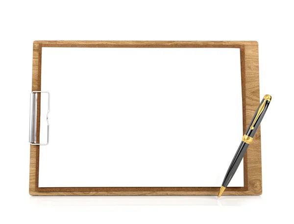 Clipboard de madeira com papéis em branco e caneta esferográfica com espaço de cópia para simular isolado no fundo branco — Fotografia de Stock