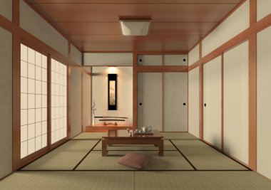 Japon oturma odası iç Tatami mat zemin, Japon Shoji kapı ve Japon kılıç ile geleneksel ve minimal tasarım
