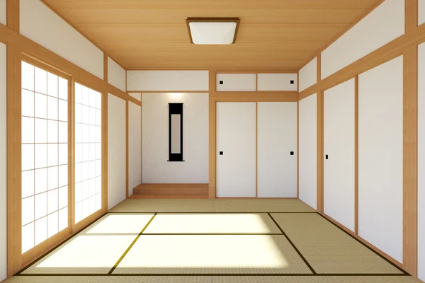 Boş Japon oturma odası iç Tatami mat zemin ve Japon Shoji kapı, boş oda iç ile geleneksel ve minimal tasarım — Stok fotoğraf