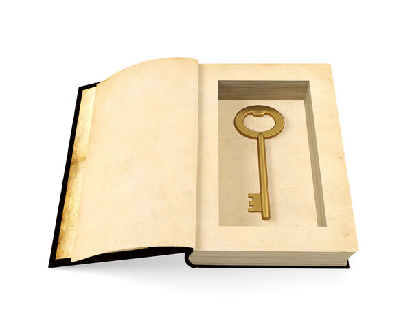 Opened ancient paper book with retro golden key hidden inside, secrecy concept