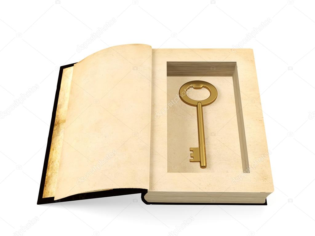 Opened ancient paper book with retro golden key hidden inside, secrecy concept