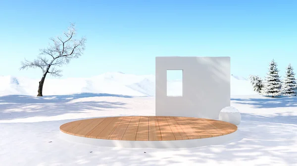 Prázdné Pódium Pozadí Sněhovém Poli Zimní Pozadí Vykreslování — Stock fotografie