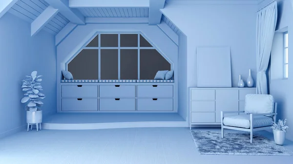 Konsep Interior Ruang Tamu Monoton Biru Dengan Ruang Terbuka Dan — Stok Foto