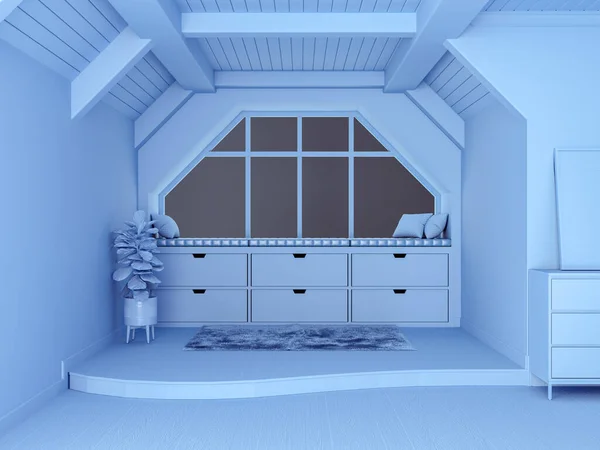 Modrý Monotónní Koncept Interiér Obývacího Pokoje Otevřeným Prostorem Dělenou Podlahou — Stock fotografie