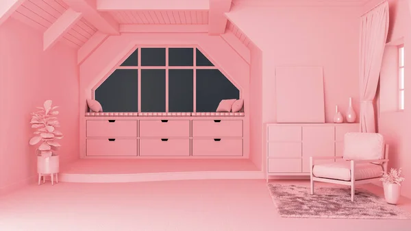 Pastellrosa Monotone Wohnzimmereinrichtung Mit Offenem Raum Und Ebenerdigem Fußboden Rendering — Stockfoto