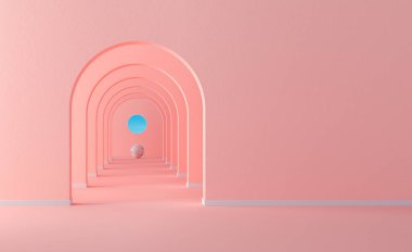 Mercan pembe pastel kemer koridoru basit geometrik zemin, mimari koridor, portal, boş duvarın içindeki uzun tünel. 3d oluşturma