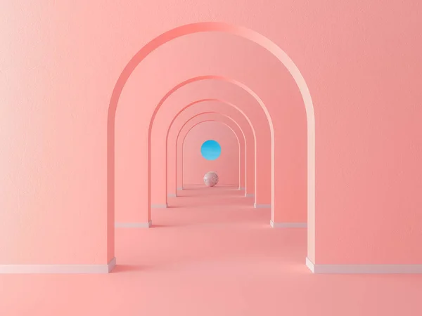 Koraal Roze Pastel Boog Hal Eenvoudige Geometrische Achtergrond Architectonische Gang — Stockfoto