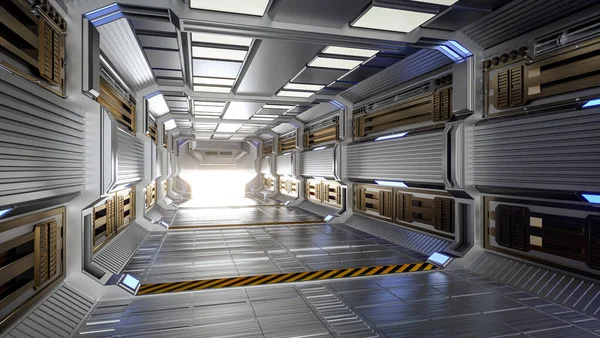 未来派建筑科幻走廊和走廊内部 3D渲染 — 图库照片