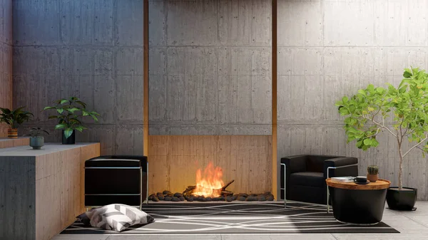 Loft Interior Living Room Apartment Fireplace Blank Empty Cement Wall — Stock Photo, Image