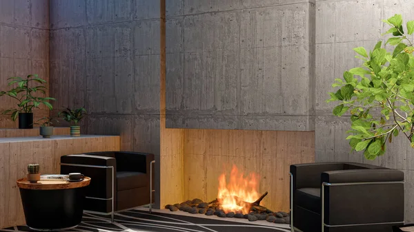 Loft Interior Living Room Apartment Fireplace Blank Empty Cement Wall — Stock Photo, Image