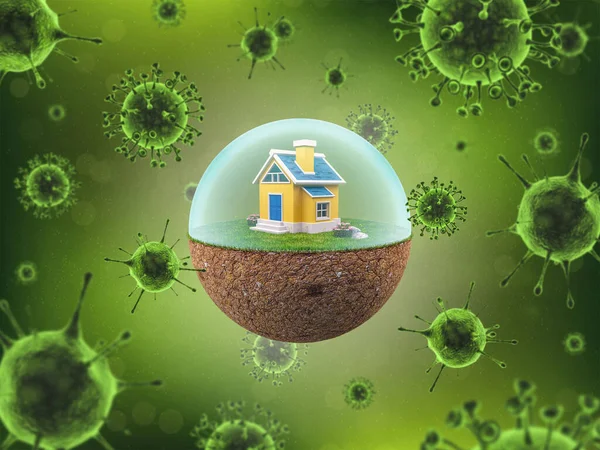 House in a Globe with Barrier to Prevent Coronavirus or Covid-19, Lock Down Concept during Coronavirus Quarantine, 3D Rendering