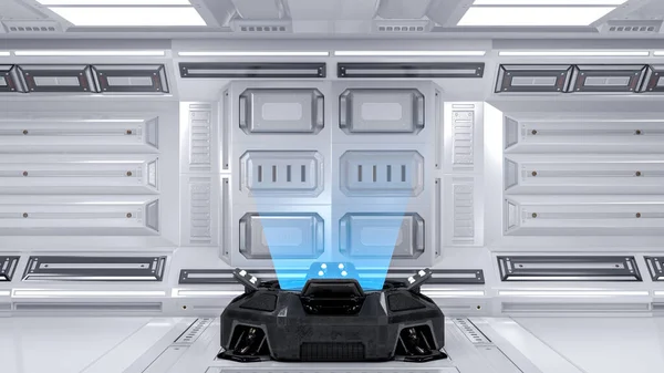未来主义科幻室空白蓝色全息图投影机模拟 3D渲染 — 图库照片