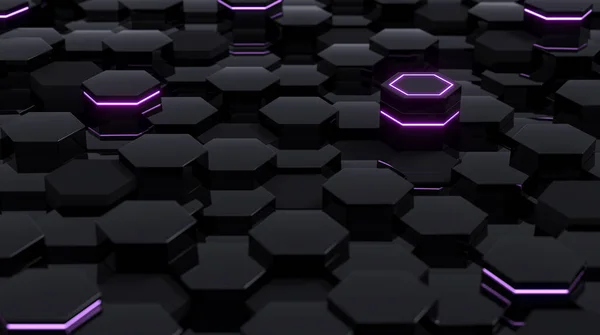 Черный Абстрактный Футуристический Шестиугольный Фон Фиолетовым Светом Рендеринг — стоковое фото