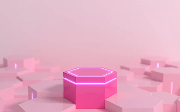 带有紫色霓虹灯的未来粉色六角形科幻基座 用于展示产品展示 3D渲染 — 图库照片