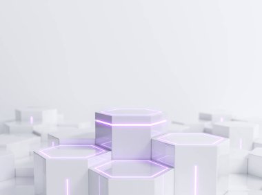 Futuristic white hexagonal sci-fi pedestal with purple neon light for display product showcase, 3d rendering clipart