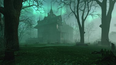 Old haunted abandoned mansion in creepy night forest with cold fog atmosphere, 3d rendering clipart