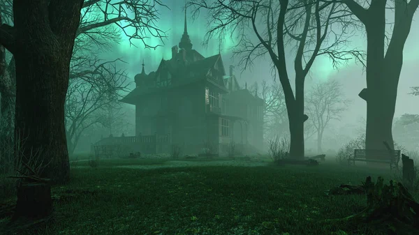 Régi Kísértetjárta Elhagyatott Kastély Hátborzongató Éjszakai Erdő Hideg Köd Hangulat — Stock Fotó