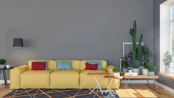 Interiör Vardagsrum Lägenhet Med Dekorativa Växter Och Stort Fönster Och — Stockfoto