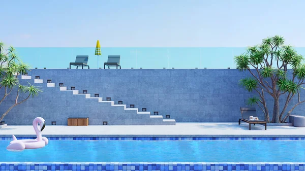 Modern Lüks Villanın Dış Kısmında Yüzme Havuzu Şezlonglar — Stok fotoğraf