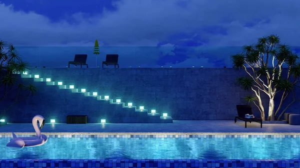 Gece Vakti Modern Lüks Villalarda Yüzme Havuzu Şezlonglar — Stok fotoğraf