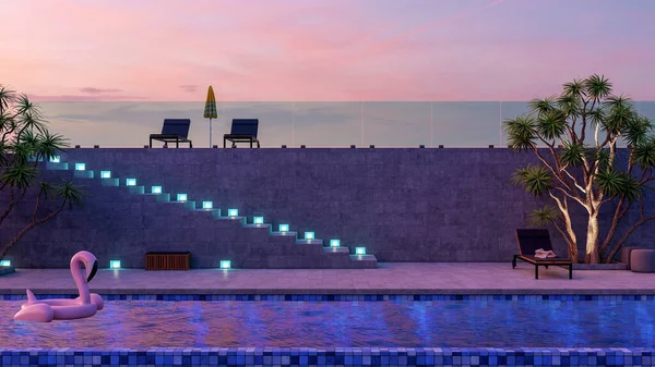 Modern Lüks Villalarda Yüzme Havuzu Şezlonglar Alacakaranlıkta Dış Görünüş — Stok fotoğraf