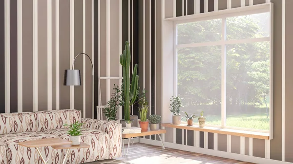 Interior Del Apartamento Salón Con Plantas Decorativas Gran Ventana Pared — Foto de Stock