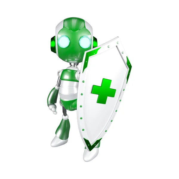 Clipping Path Green Robot Holding Shield Digital Security Technology System — Stock Photo, Image