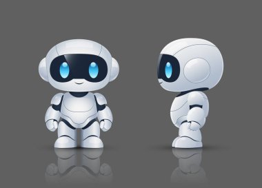 Şirin Robot Karakteri Çizgi film Android Maskot Önü ve Yan Görünümü, Vektör İllüzyonu