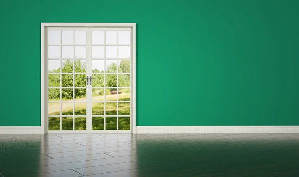 Porta do quarto branco no fundo da parede verde — Fotografia de Stock