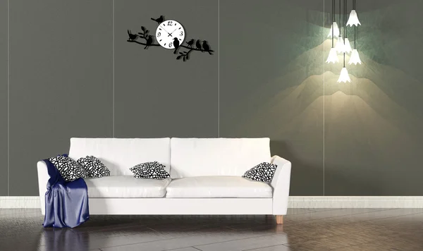 Salón interior con sofá blanco y pared oscura —  Fotos de Stock