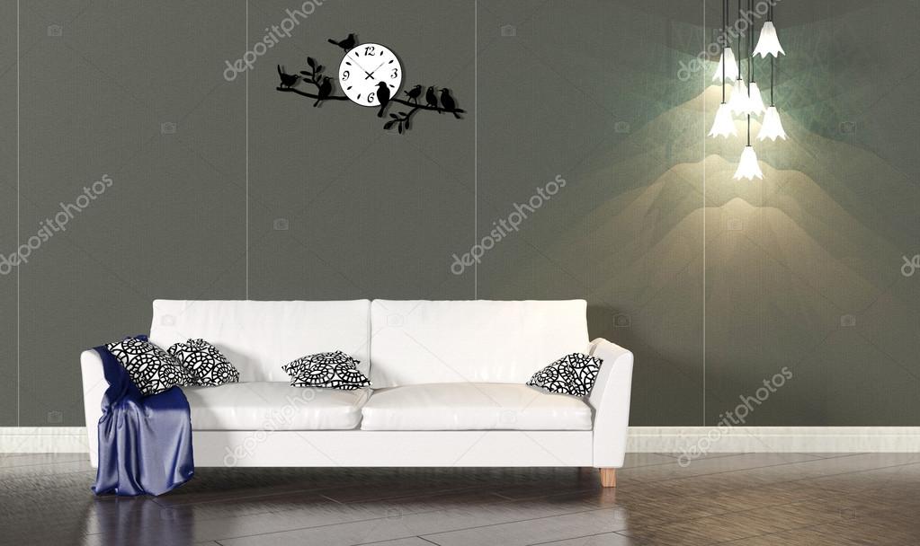 Living room interior with white sofa and dark wall