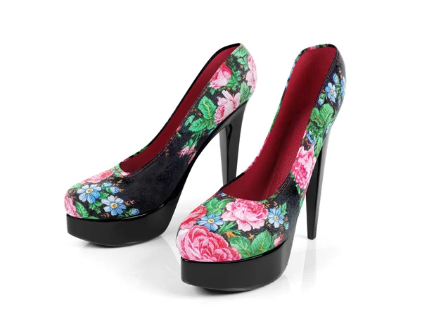 Chaussures à talons hauts femelles avec motif de fleurs isolées — Photo