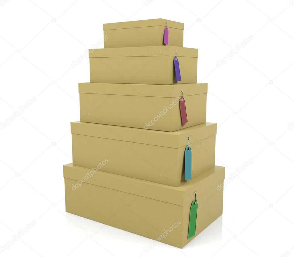Pile of paper boxes with price tags