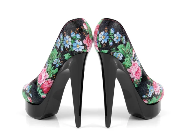 Female high heeled shoes with flower pattern isolated, rear view — Stock Photo, Image