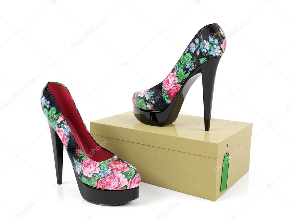 Female high heeled shoes isolated on shoe box