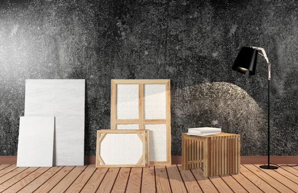 Rum interiör med duk på svart cement vägg — Stockfoto