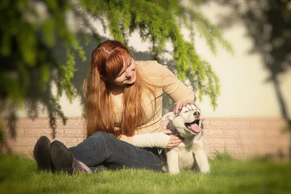 Young woman playing with the dogs. Siberian husky. Puppies. — Stock Photo, Image