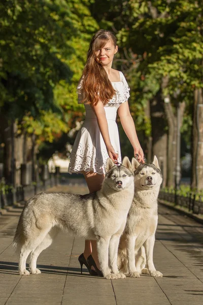 Chica caminando por la calle con dos perros. Una chica con un vestido blanco. Huskies siberianos . —  Fotos de Stock