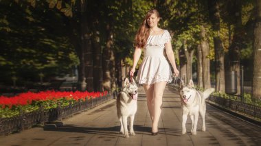 Genç, beyaz elbiseli güzel kız yürümek onların köpekleri ile Bulvarı.